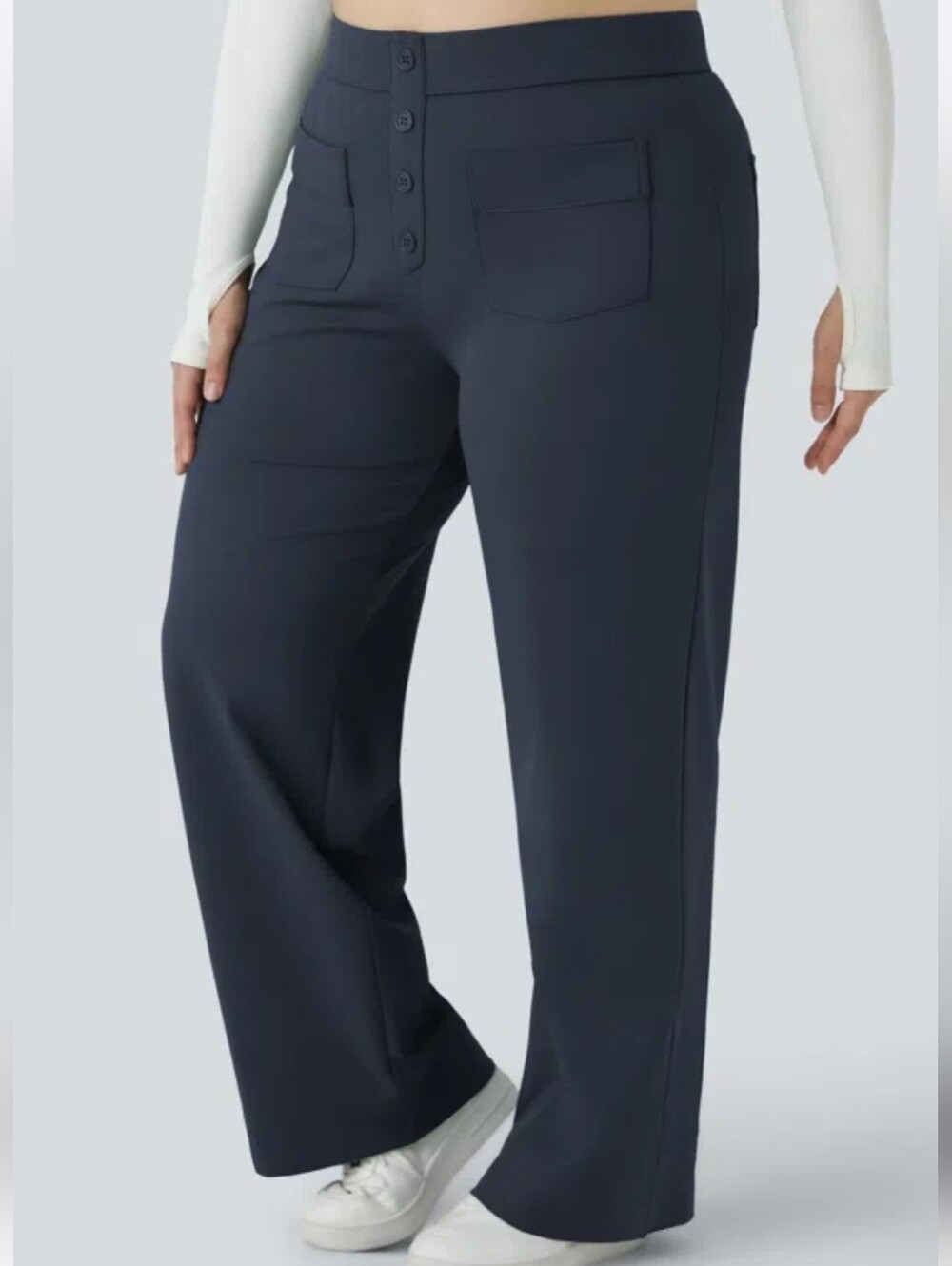 Halara Navy Blue High Waisted Button Front Flap Pocket Wide Leg Pants XL Tall